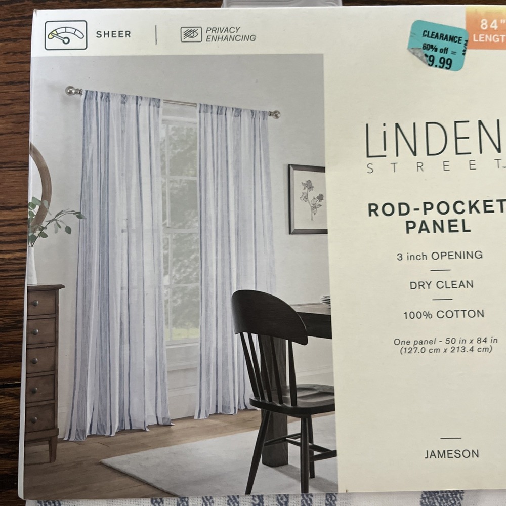 Lot 2 Linden St. Rod Pocket Jameson Cotton Print Sheer Prvdence Blue Stripe 84" - Picture 2 of 7